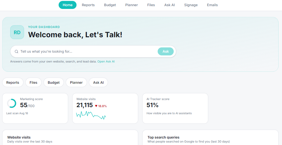 Relevant BI customer portal login screen and home dashboard