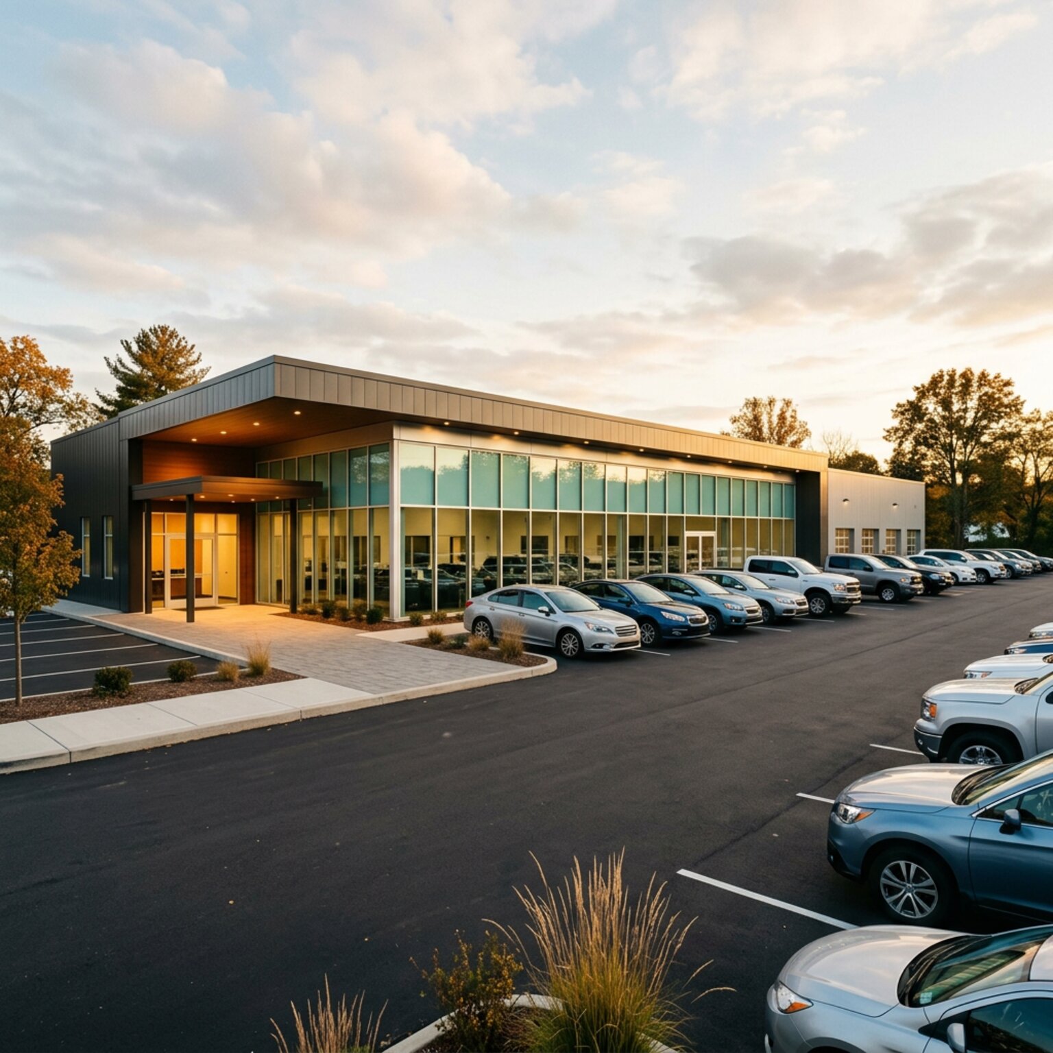 Modern dealership exterior with a glass showroom and a row of vehicles on the lot