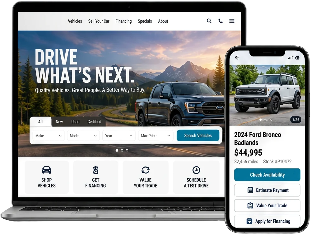Example dealership website on a laptop and phone, showing vehicle inventory search and shopping tools