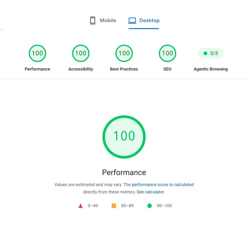 PageSpeed Insights desktop test result showing scores of 100 for Performance, Accessibility, Best Practices, and SEO, plus an agentic browsing result of 3 of 3